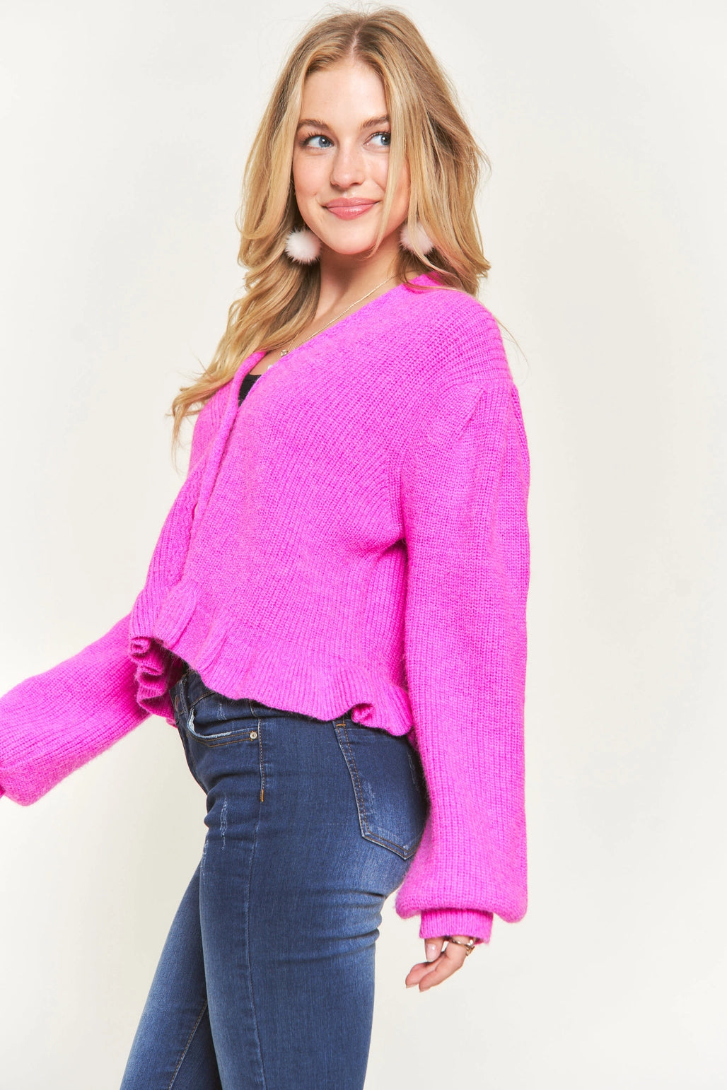 Ruffle Hem Cardigan Sweater in Hot Pink