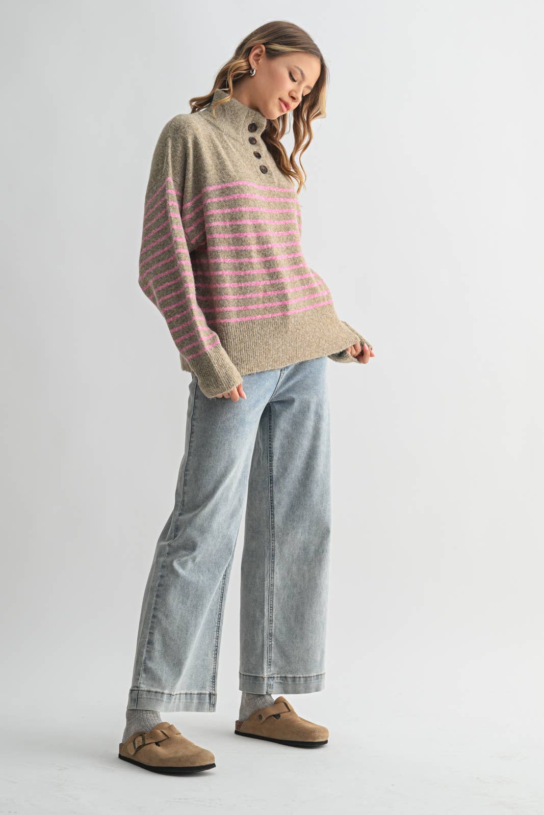 Striped Button Up Sweater in Mocha & Pink
