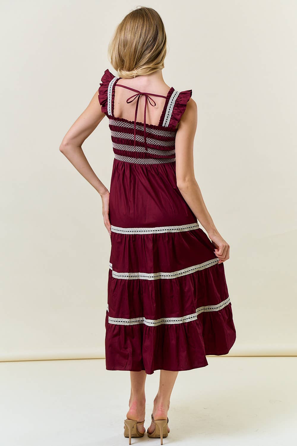 Smocked Ruffle Midi Dress in Burgundy