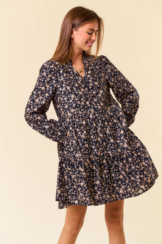 Floral Print Long Sleeve Tiered Mini Dress in Black