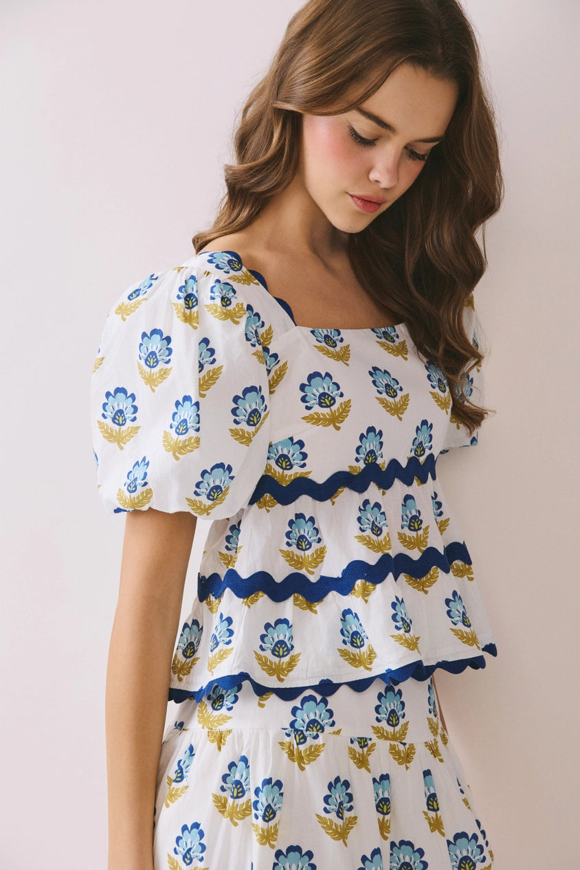 The Marlowe Peplum Top in White & Blue