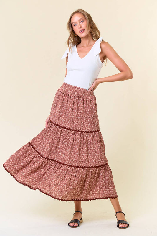 Geo Floral Rick Rack Maxi Skirt in Terracotta