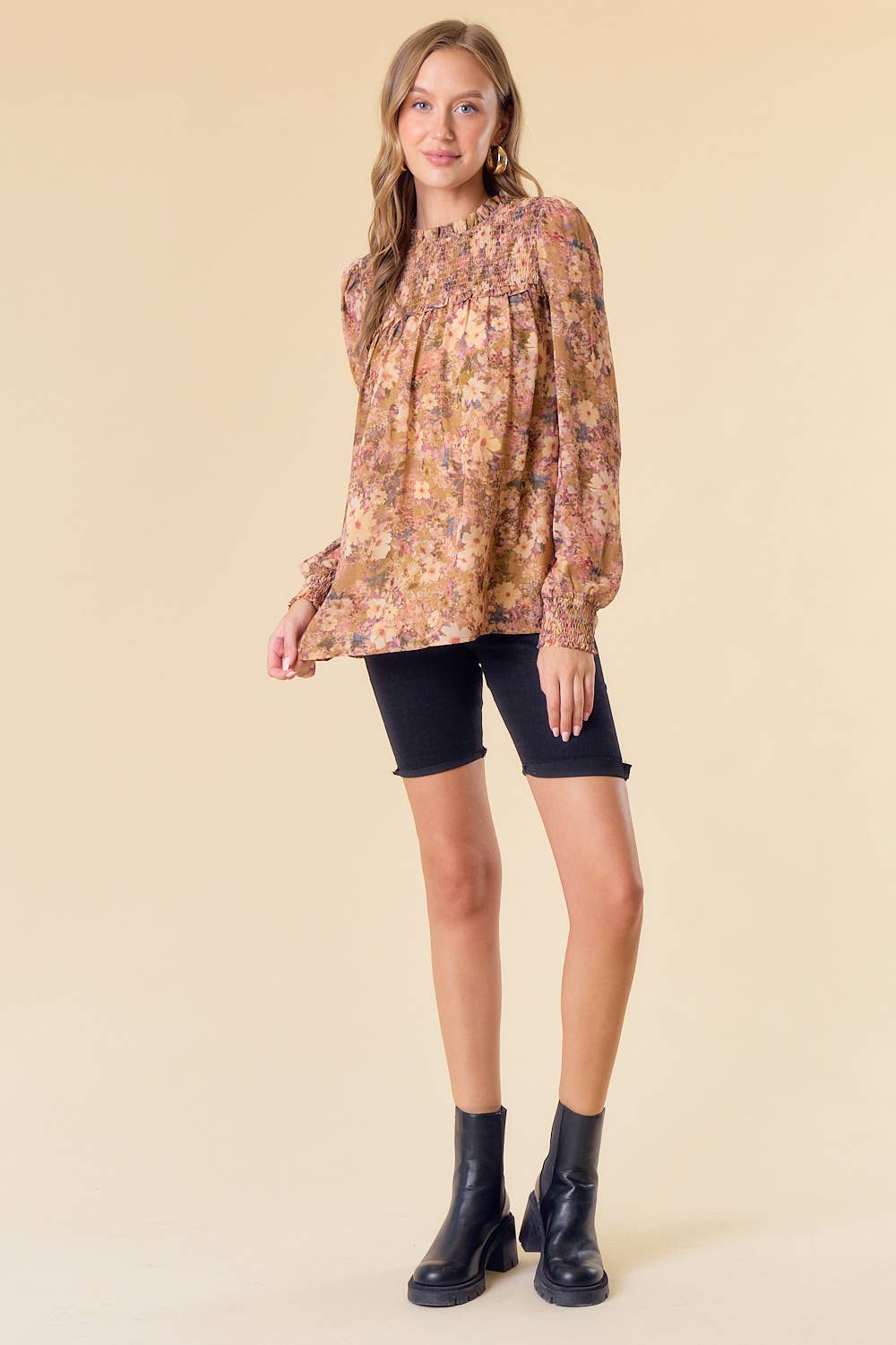 Smocked Floral Blouse in Golden Mustard