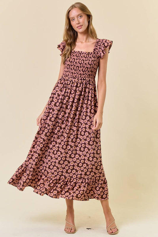 Chocolate & Pink Floral Smocked Midi Dress