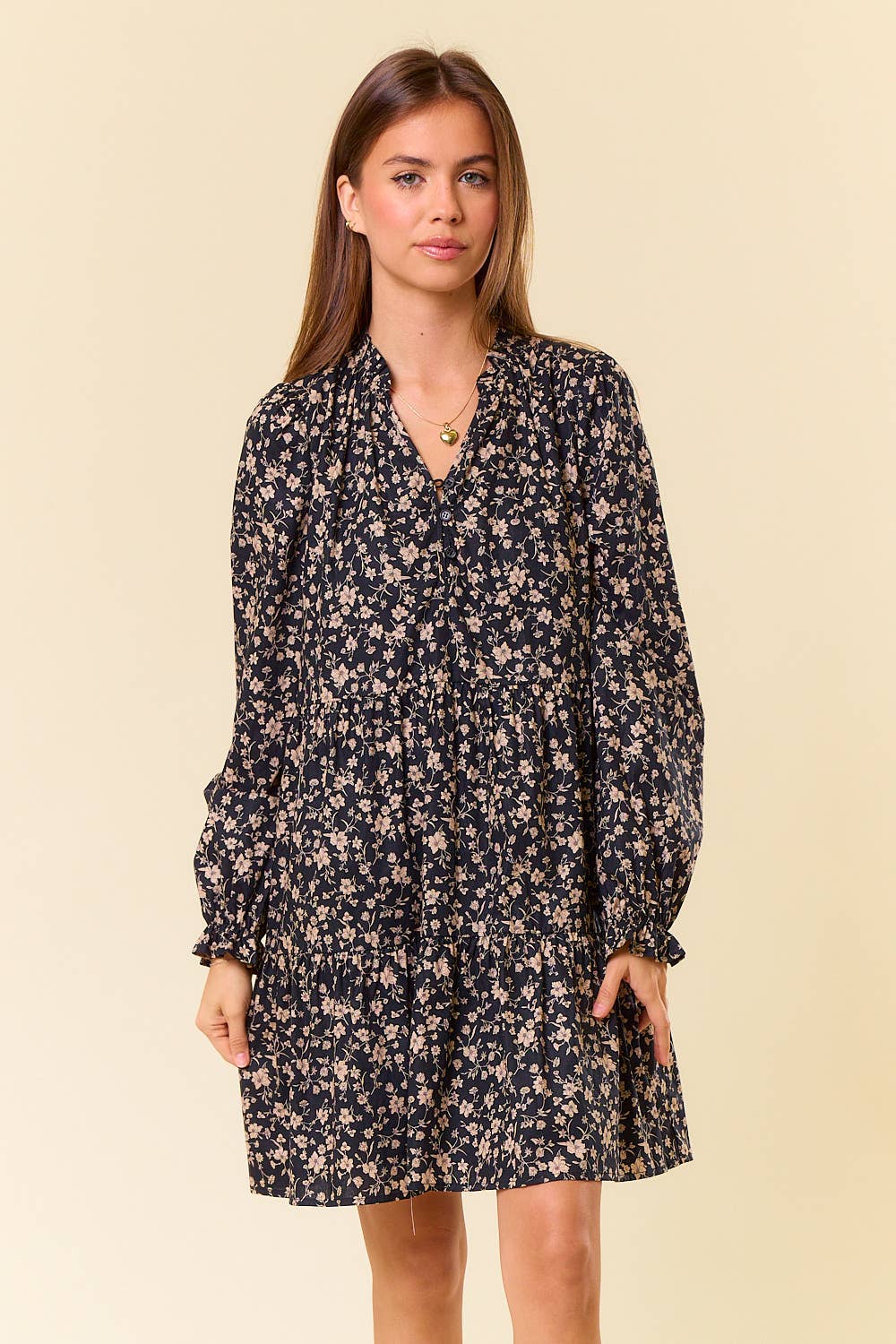 Floral Print Long Sleeve Tiered Mini Dress in Black