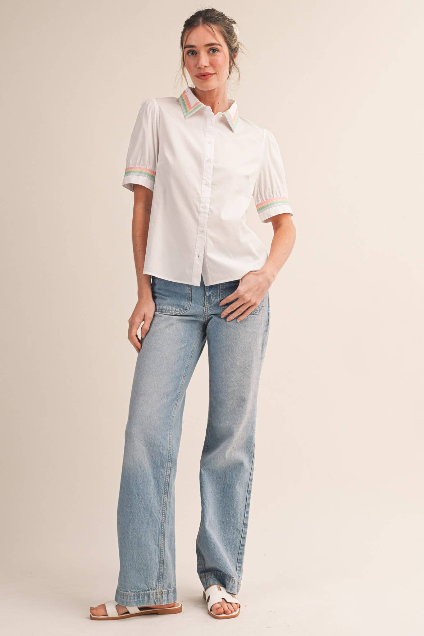 Pastel Pop Short Sleeve Button-Up in White