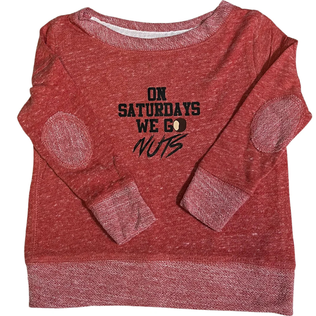 On Saturdays We Go Nuts Toddler French Terry Crewneck Sweatshirt in Heather Red