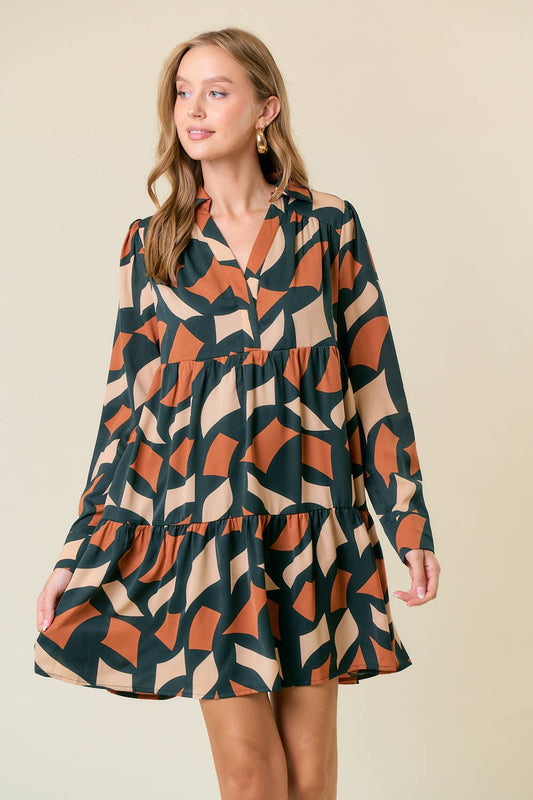 Abstract Print Long Sleeve Tiered Mini Dress in Hunter Green