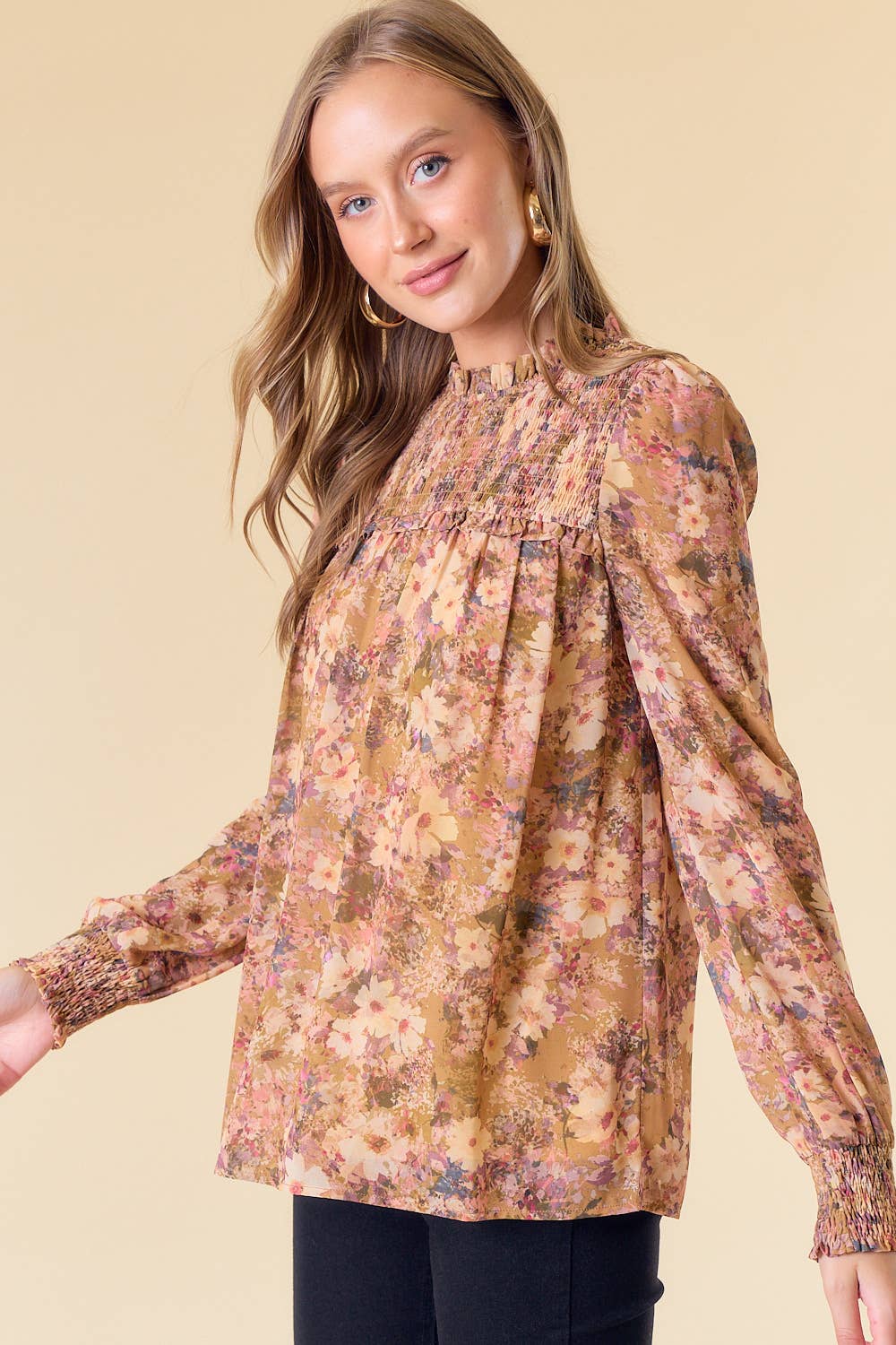 Smocked Floral Blouse in Golden Mustard
