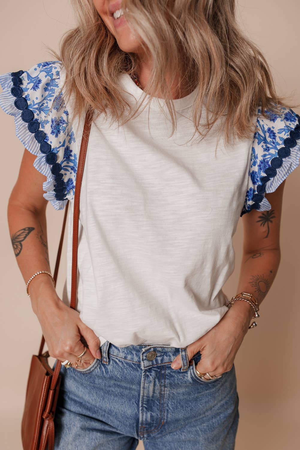 Ricrac Trim Flutter Sleeve Top in Blue & White