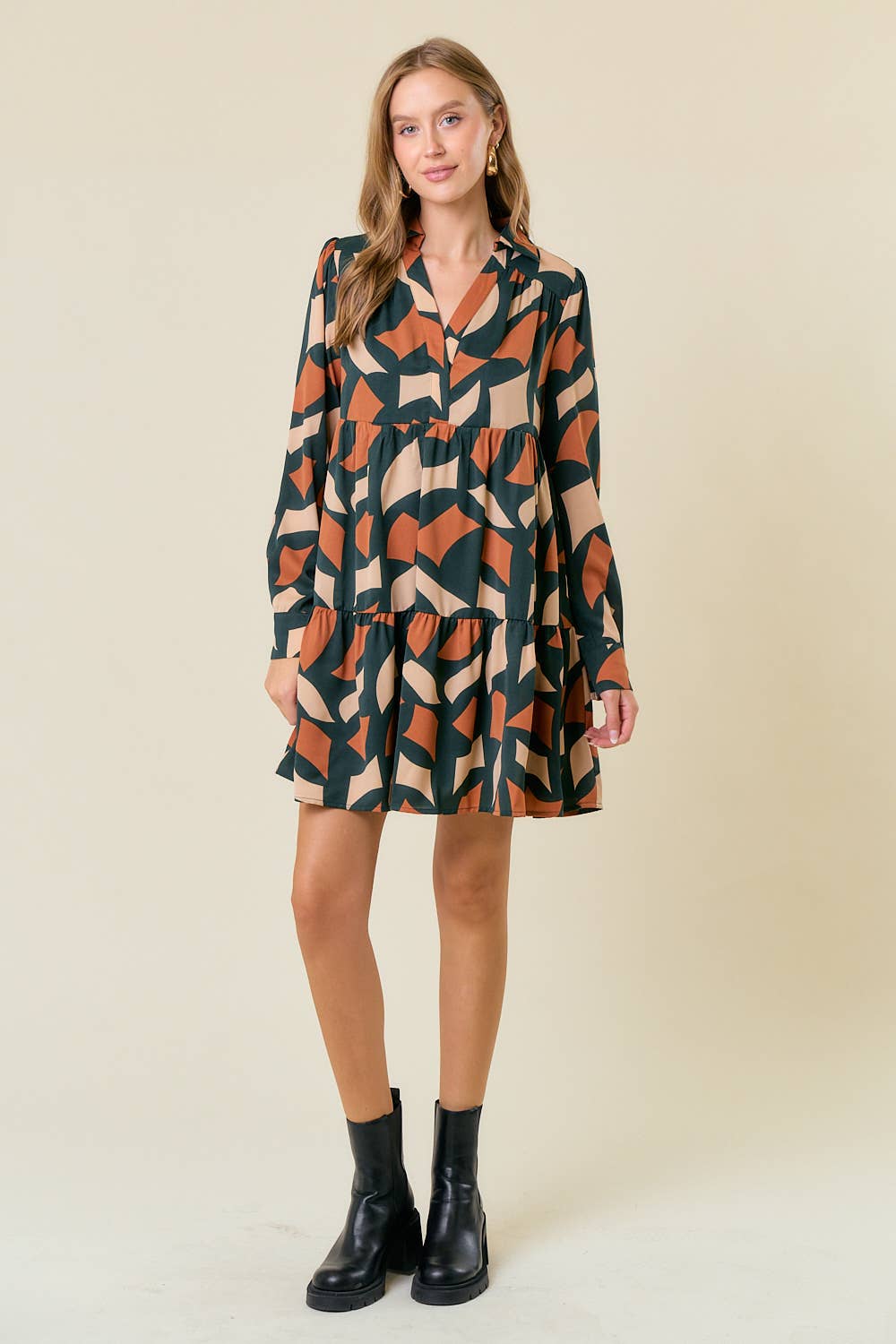 Abstract Print Long Sleeve Tiered Mini Dress in Hunter Green