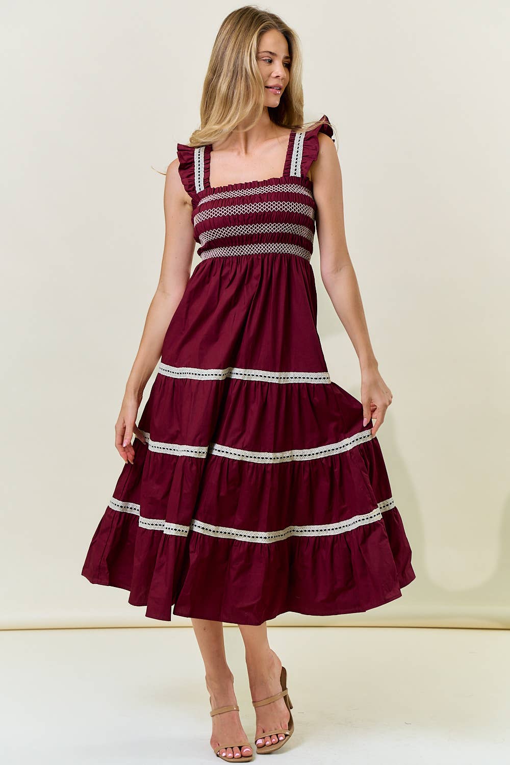 Smocked Ruffle Midi Dress in Burgundy