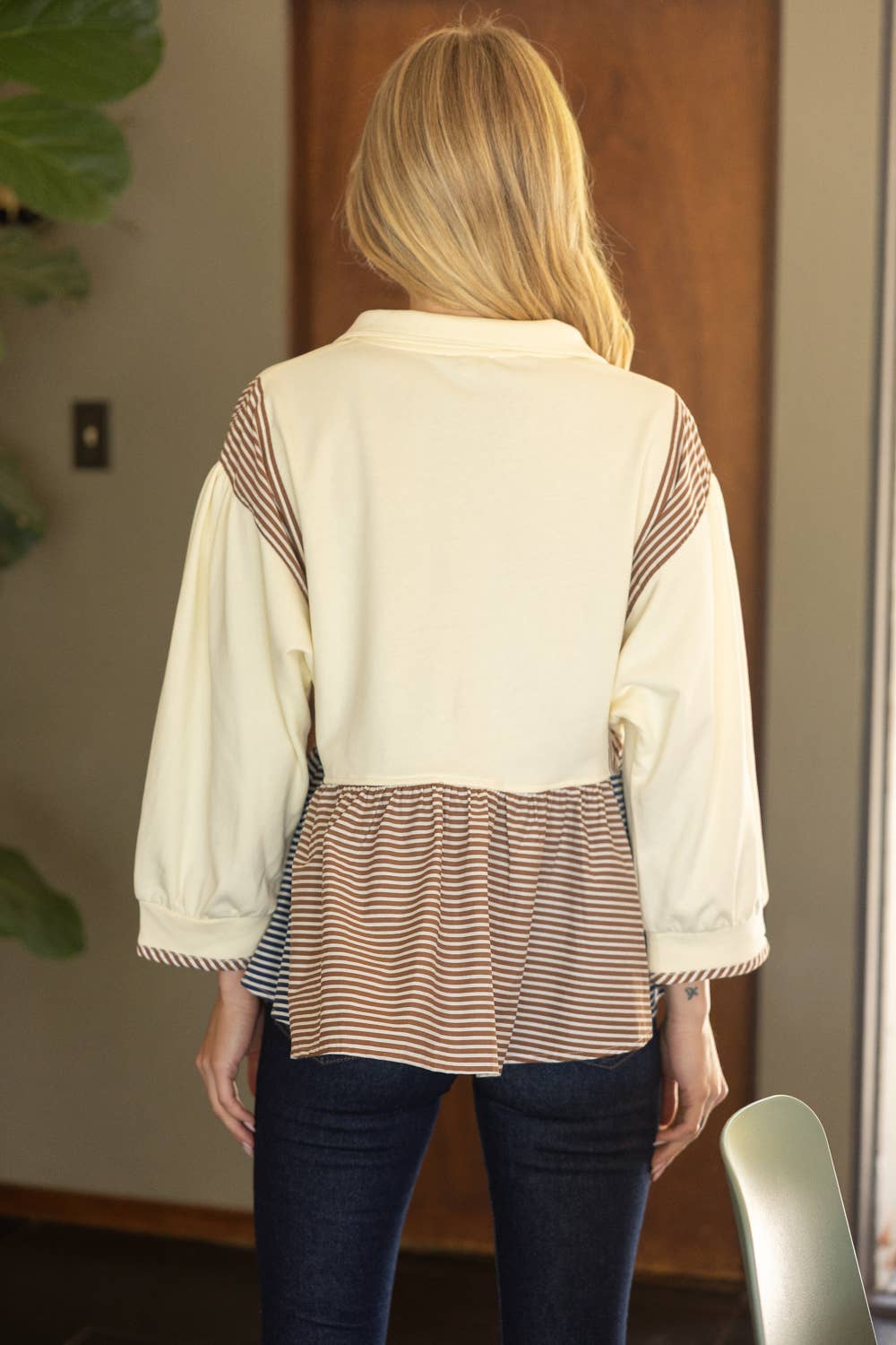 Half Snap Button Color Block Peplum Sweatshirt