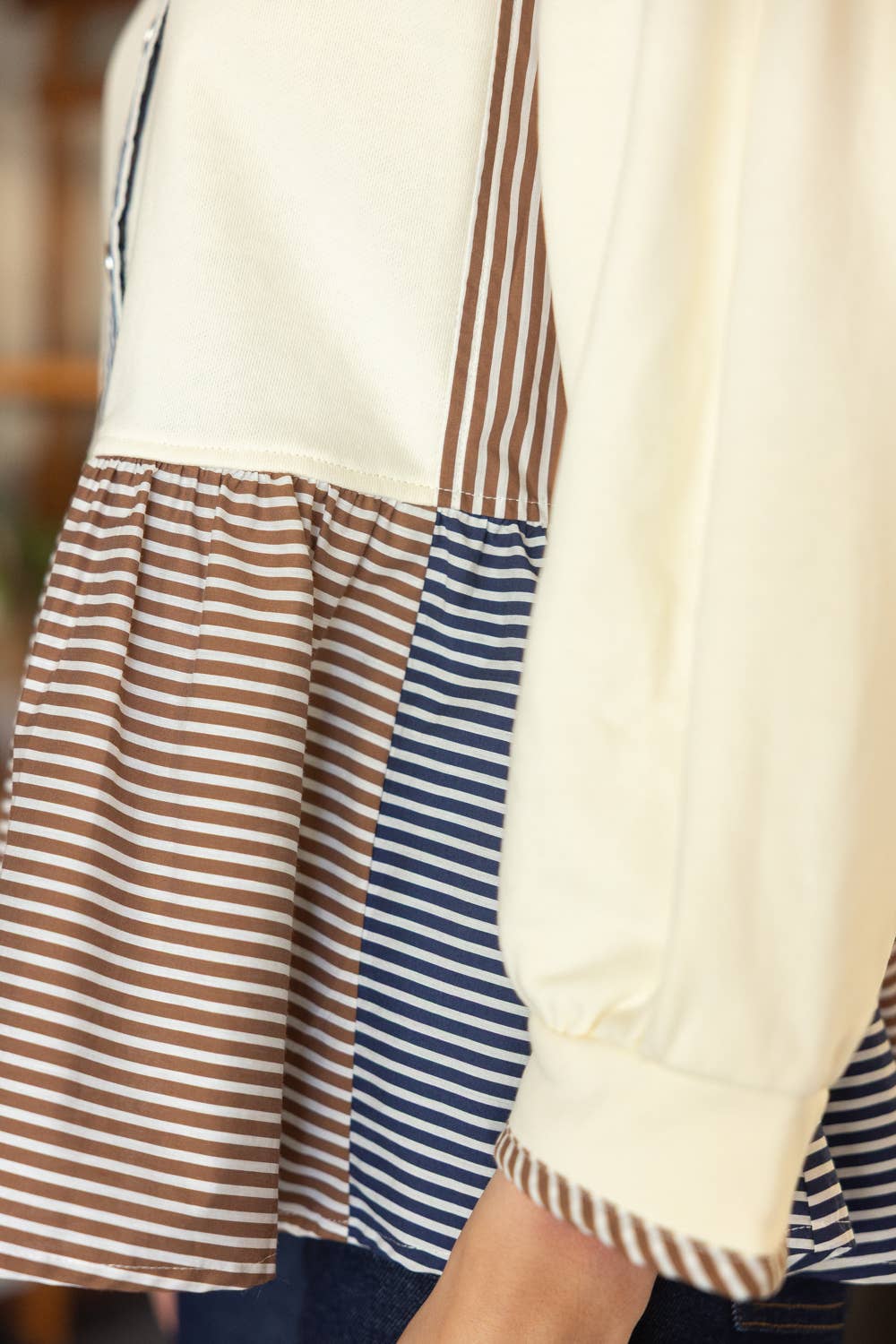 Half Snap Button Color Block Peplum Sweatshirt
