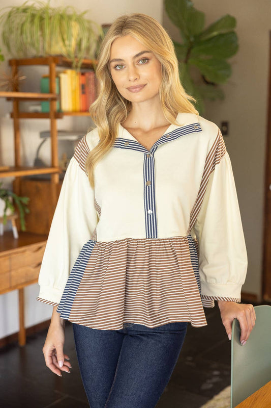 Half Snap Button Color Block Peplum Sweatshirt