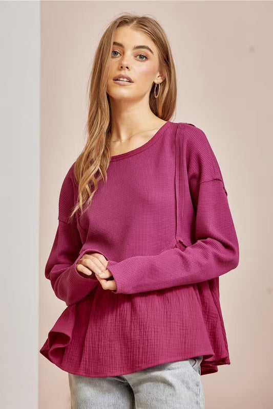 Waffle Knit Babydoll Top in Magenta