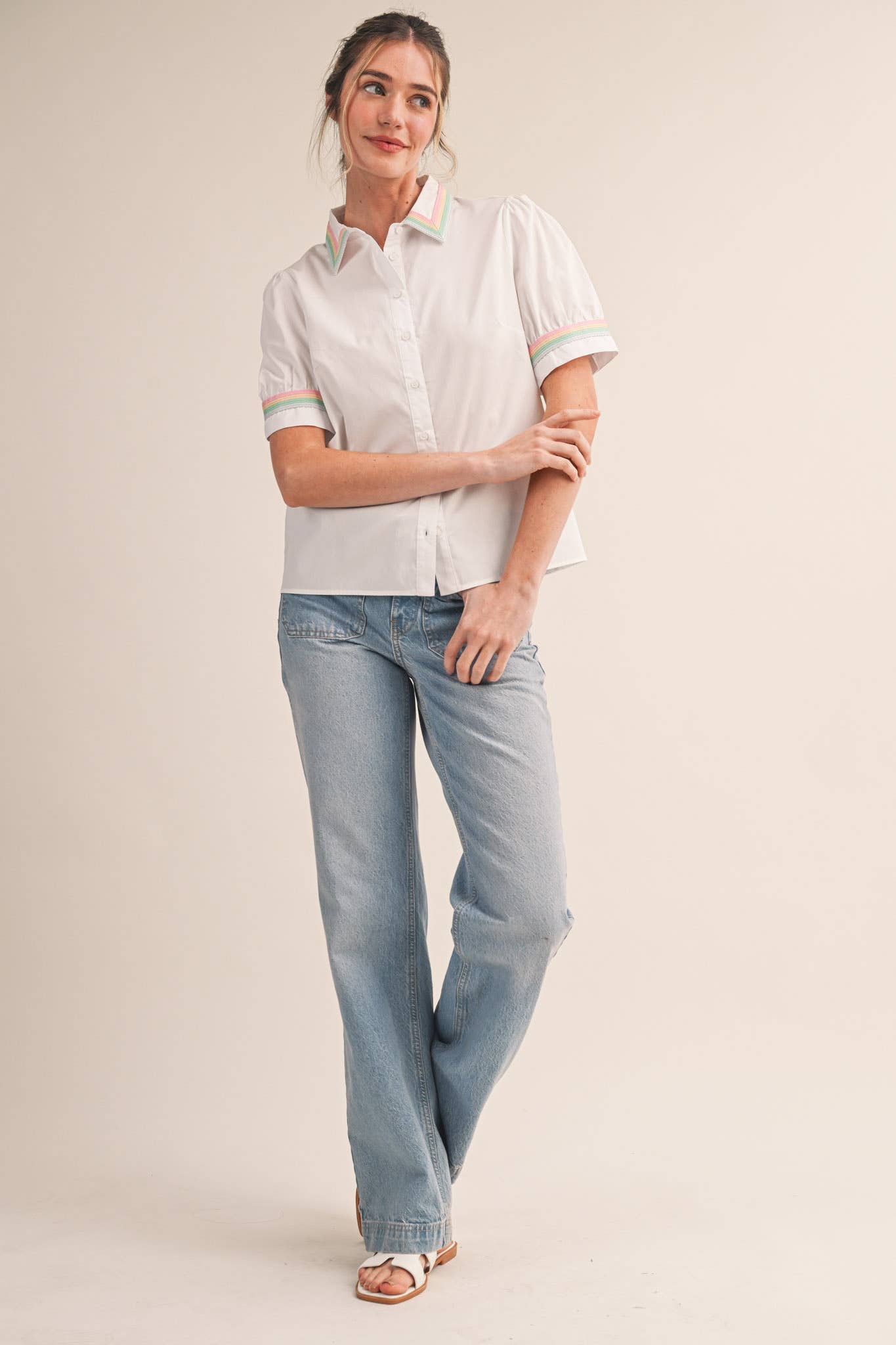 Pastel Pop Short Sleeve Button-Up in White