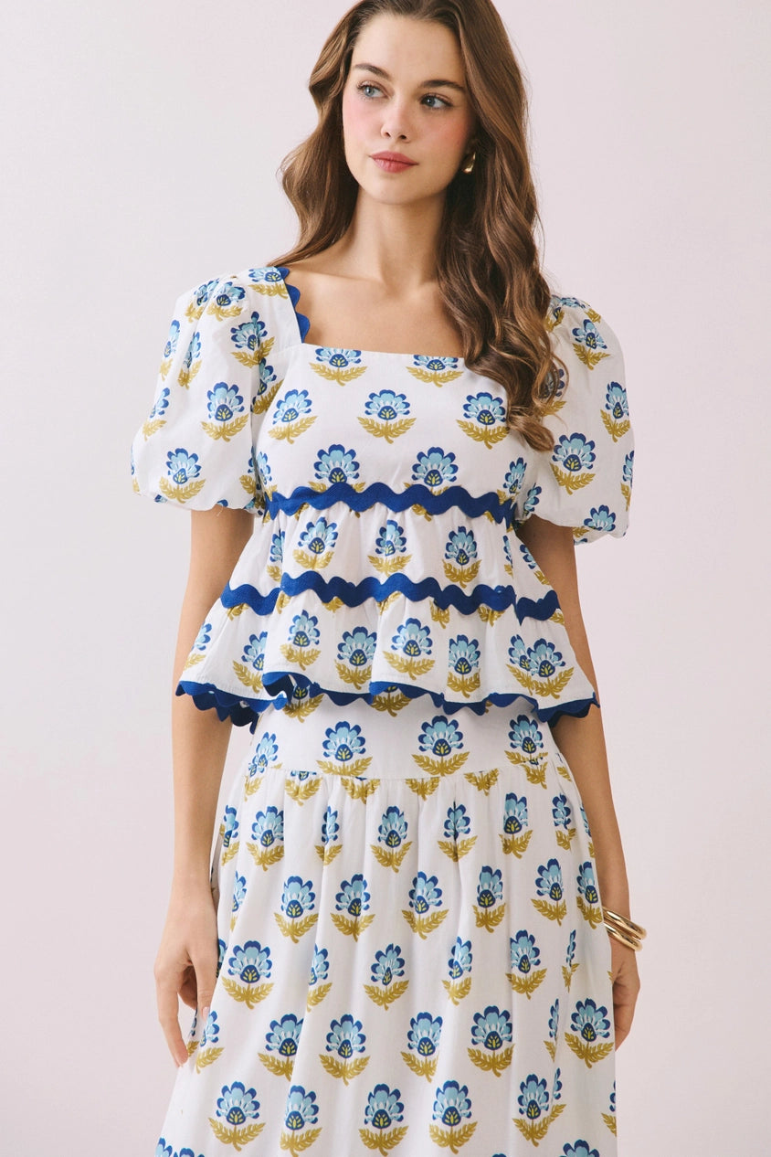 The Marlowe Peplum Top in White & Blue