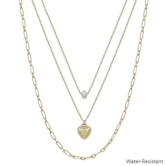 Water Resistant Gold Chain with Gold Puffy Heart and Pearl