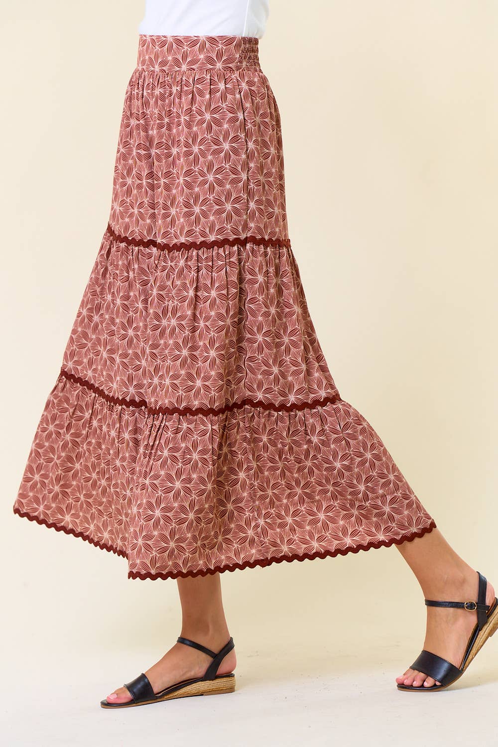 Geo Floral Rick Rack Maxi Skirt in Terracotta