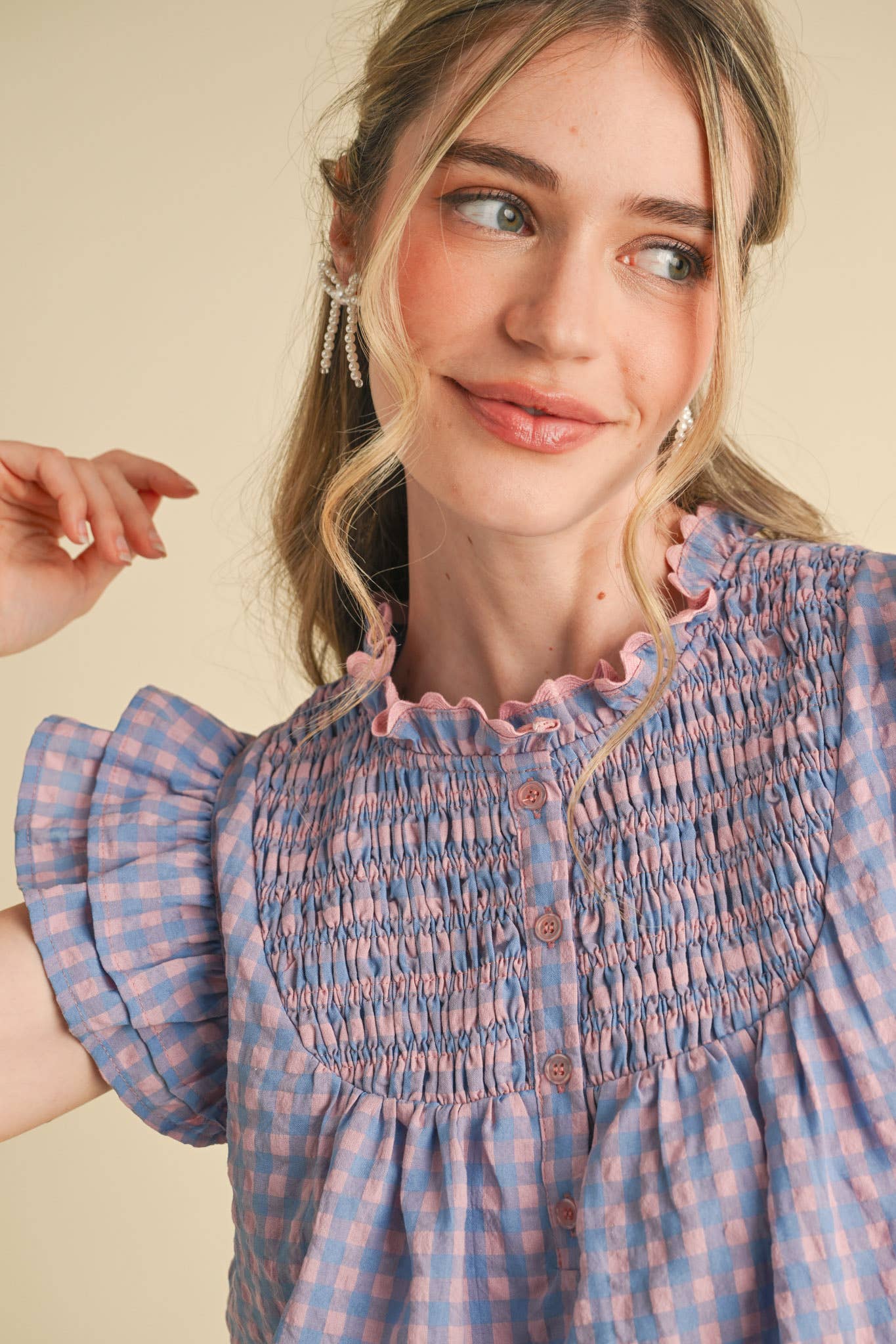 Gingham Flutter Sleeve Top in Pink & Blue