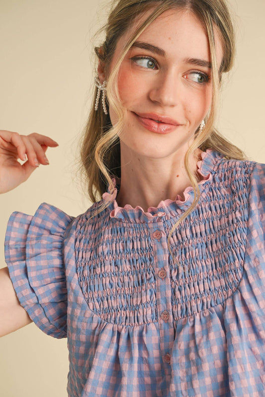 Gingham Flutter Sleeve Top in Pink & Blue