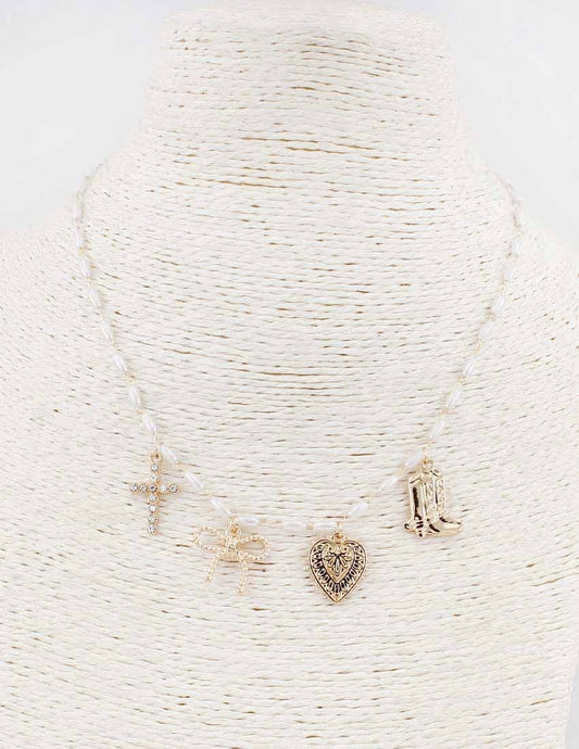 Gold Pearl Charm Necklace with Boot, Heart, Bow, and Cross