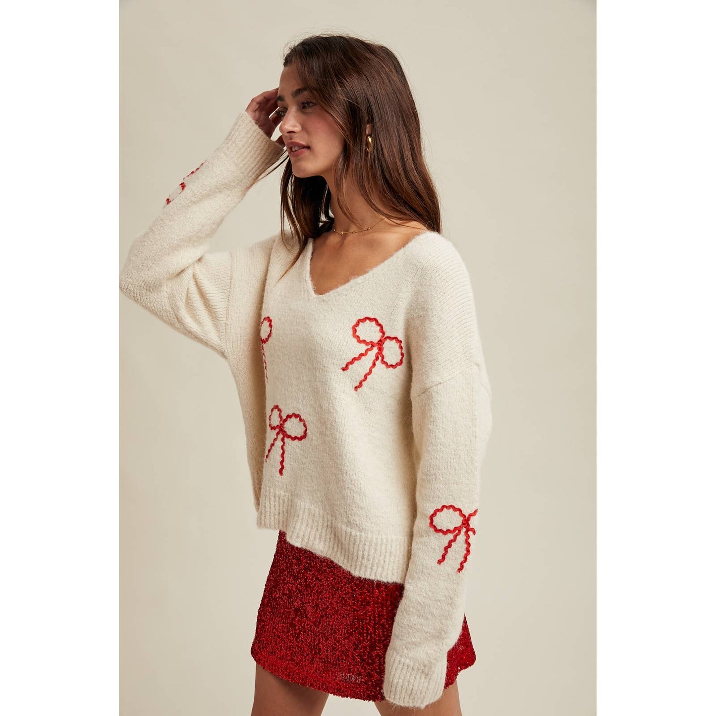 Red Bow Sweater in Cream
