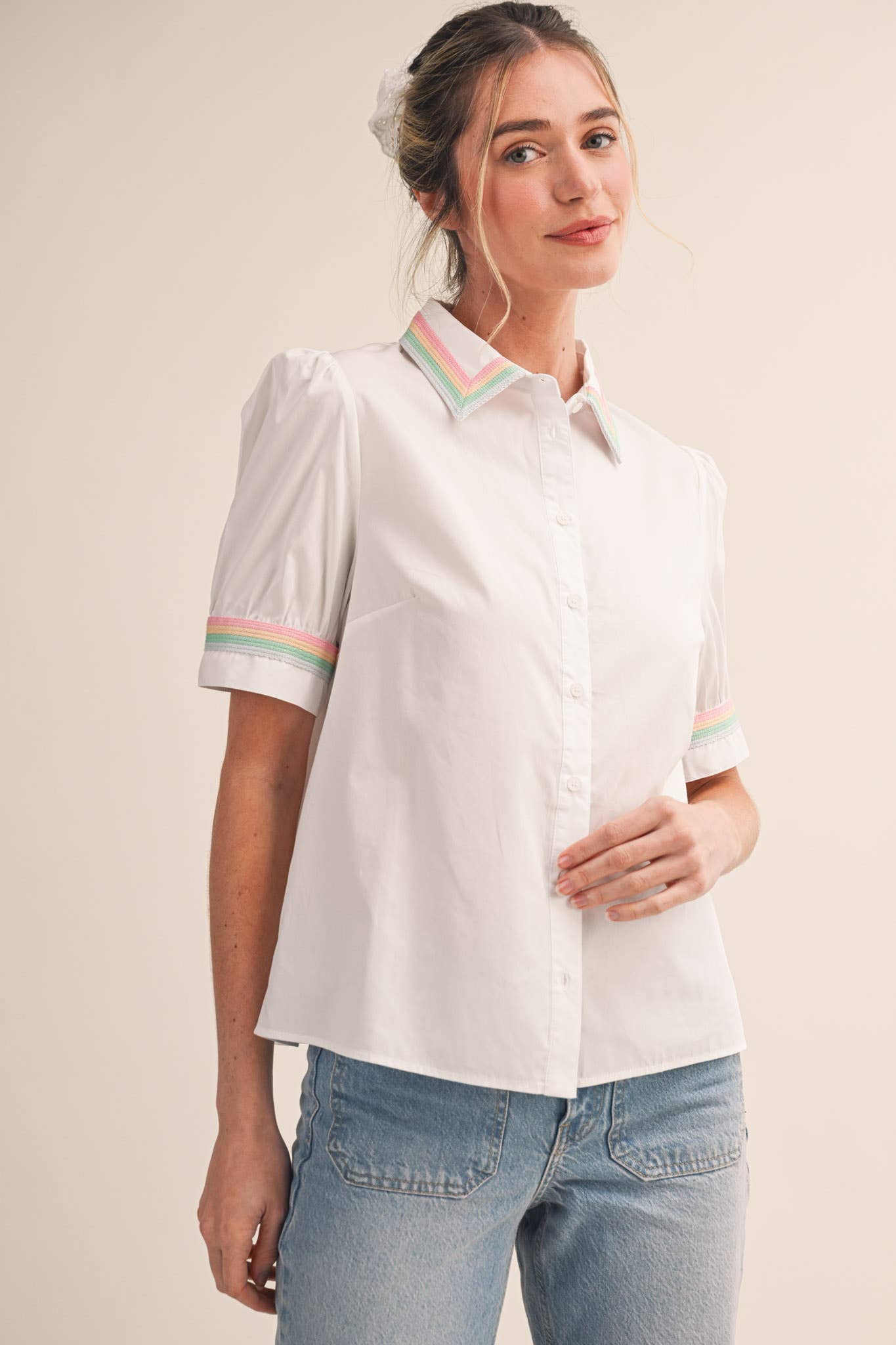 Pastel Pop Short Sleeve Button-Up in White