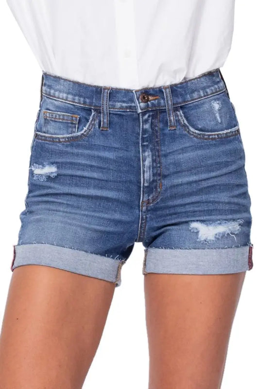 High Rise Shorts With Distress And Raw Cuff Hem - FINAL SALE