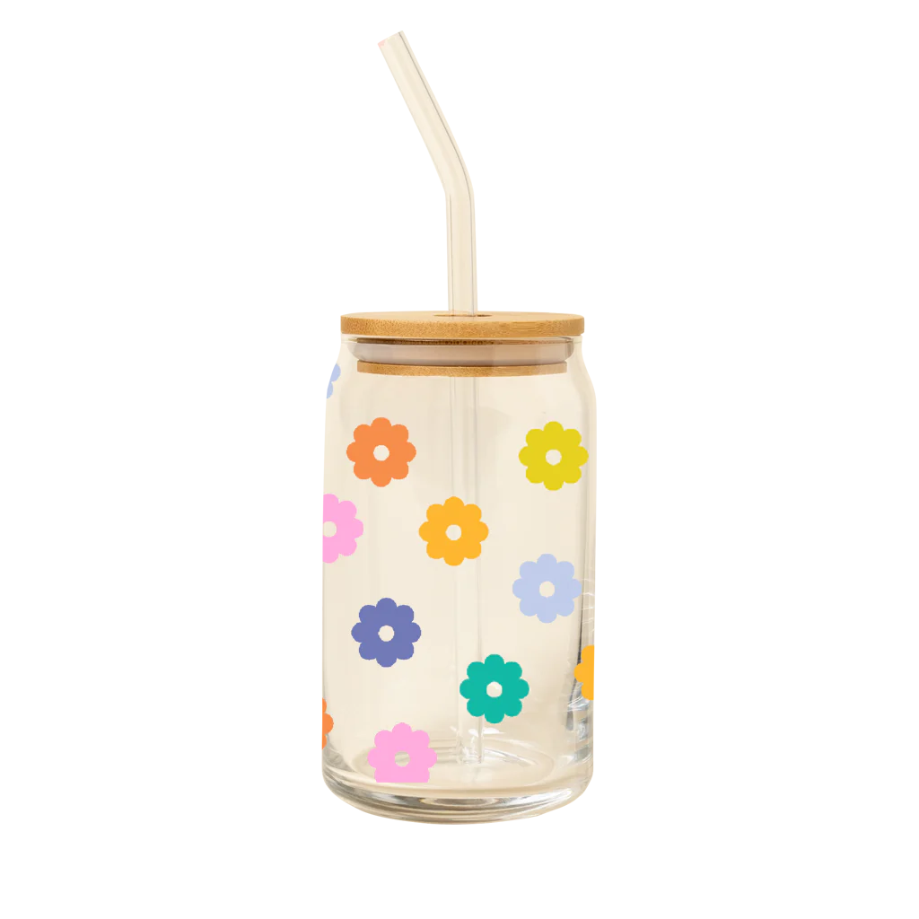Can Glass with Lid & Straw - Daisy