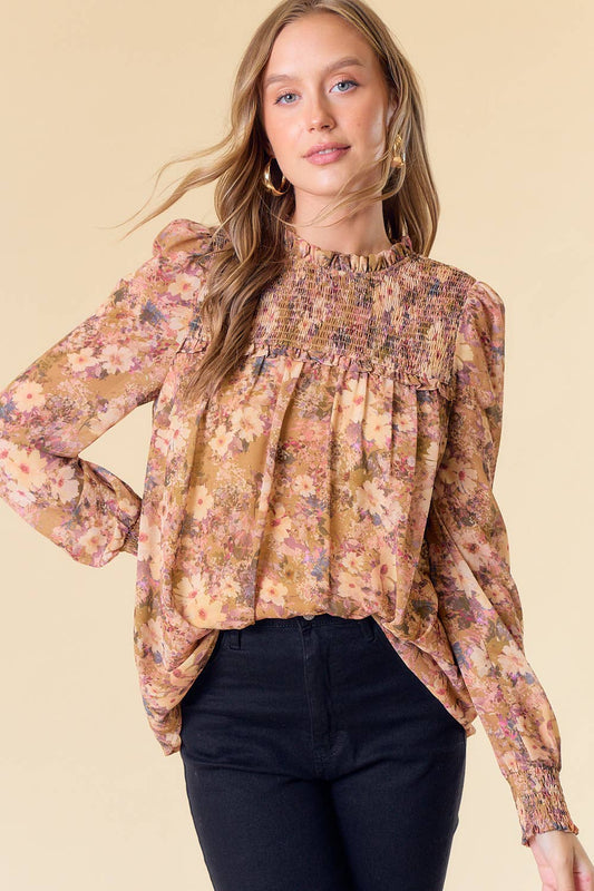 Smocked Floral Blouse in Golden Mustard
