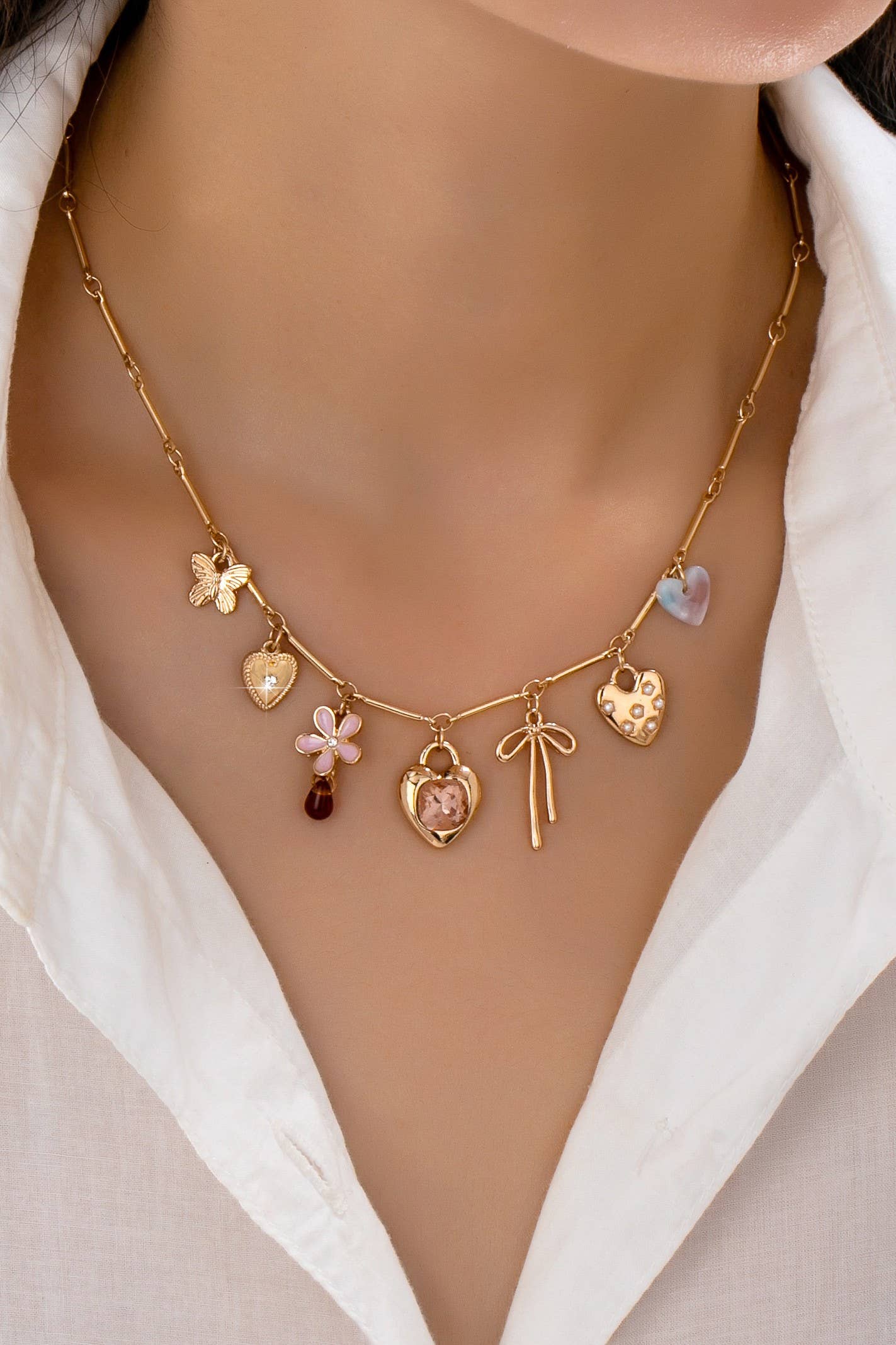 Charm Necklace - Hearts, Flower, Bow & Butterfly