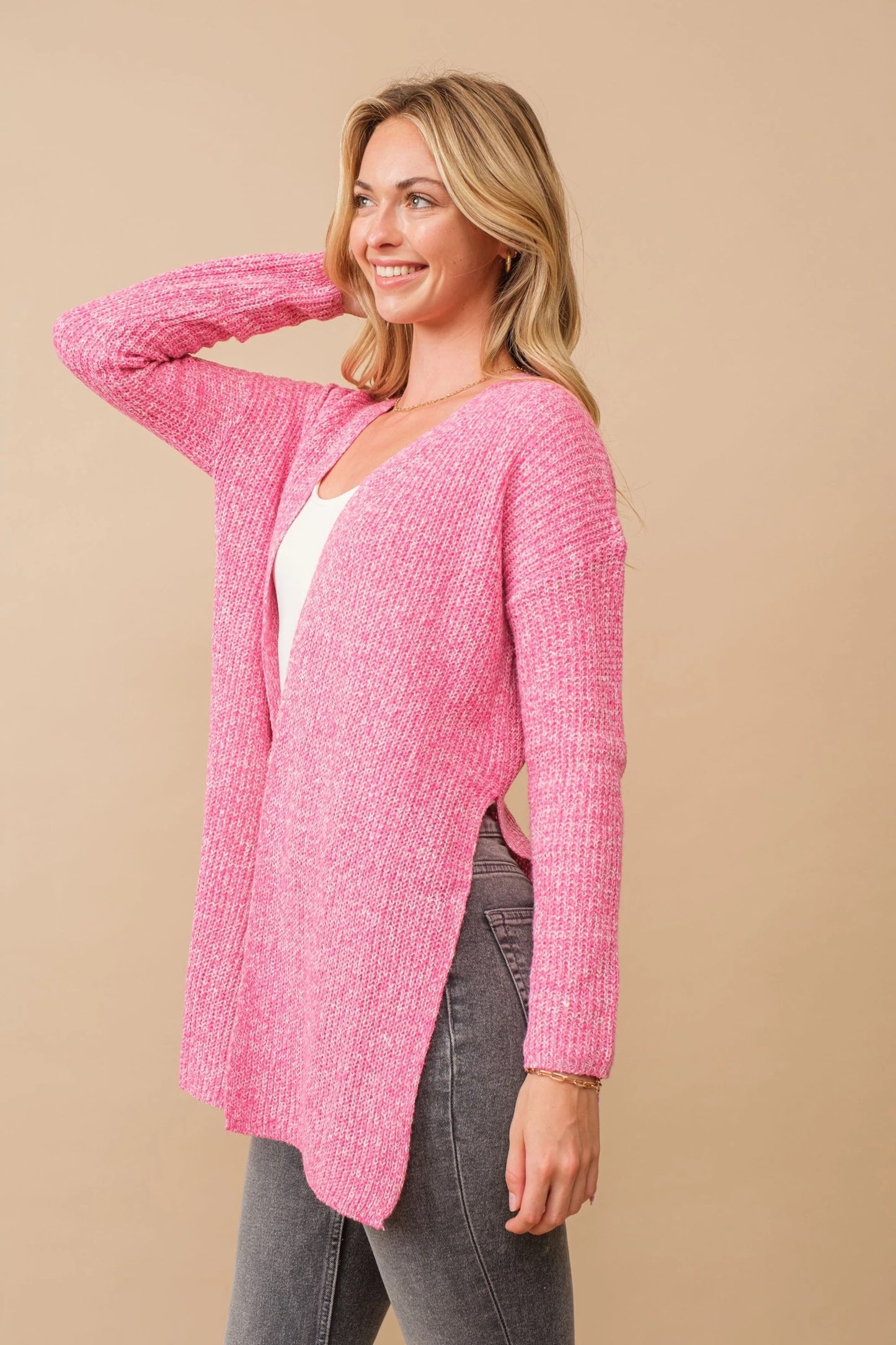 Open Cardigan with Side Slit in Pink