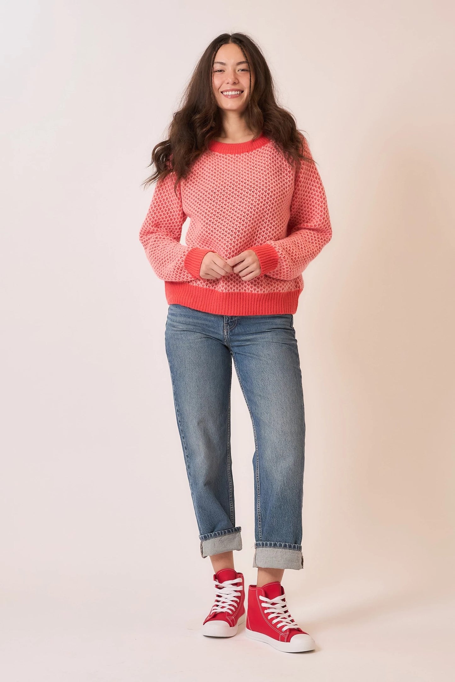 Waffle Knit Sweater in Coral