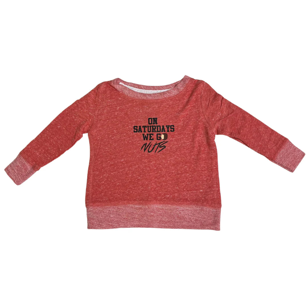 On Saturdays We Go Nuts Toddler French Terry Crewneck Sweatshirt in Heather Red