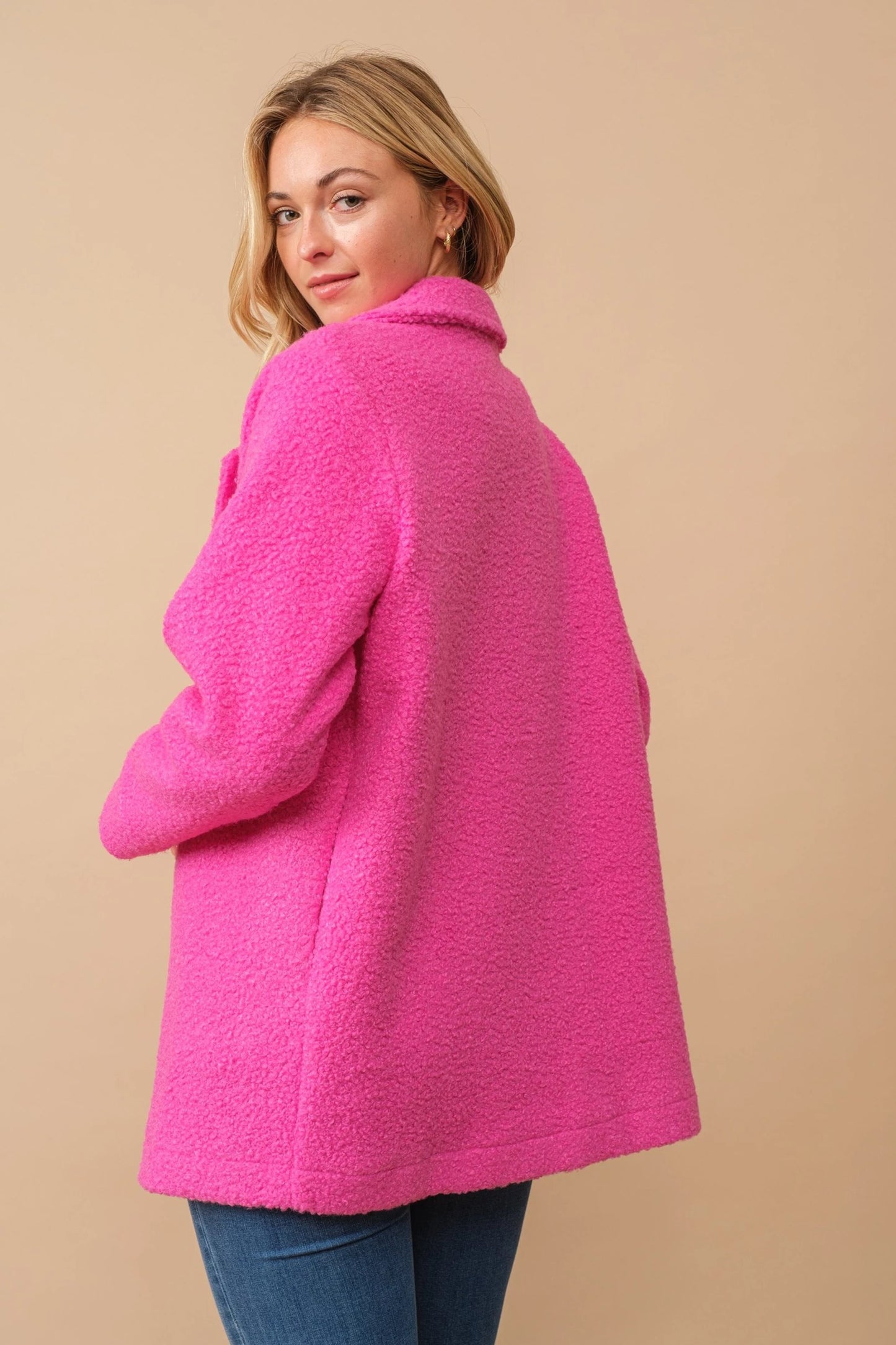 Pile Fleece Teddy Pea Coat in Hot Pink