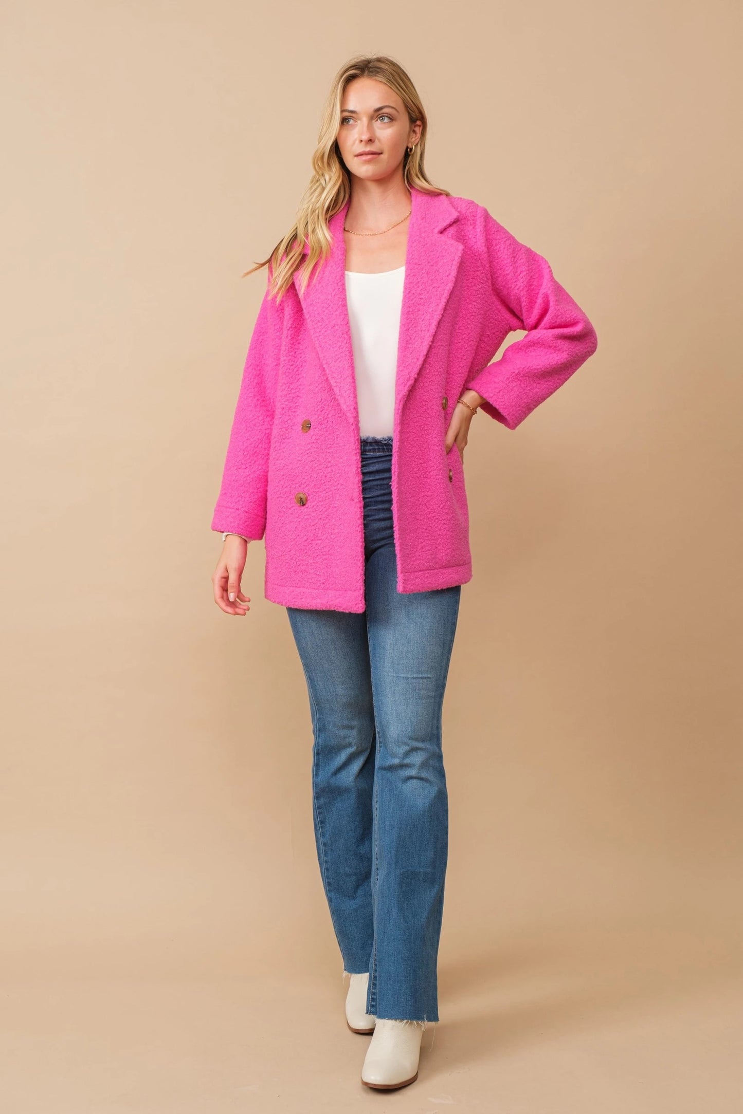 Pile Fleece Teddy Pea Coat in Hot Pink