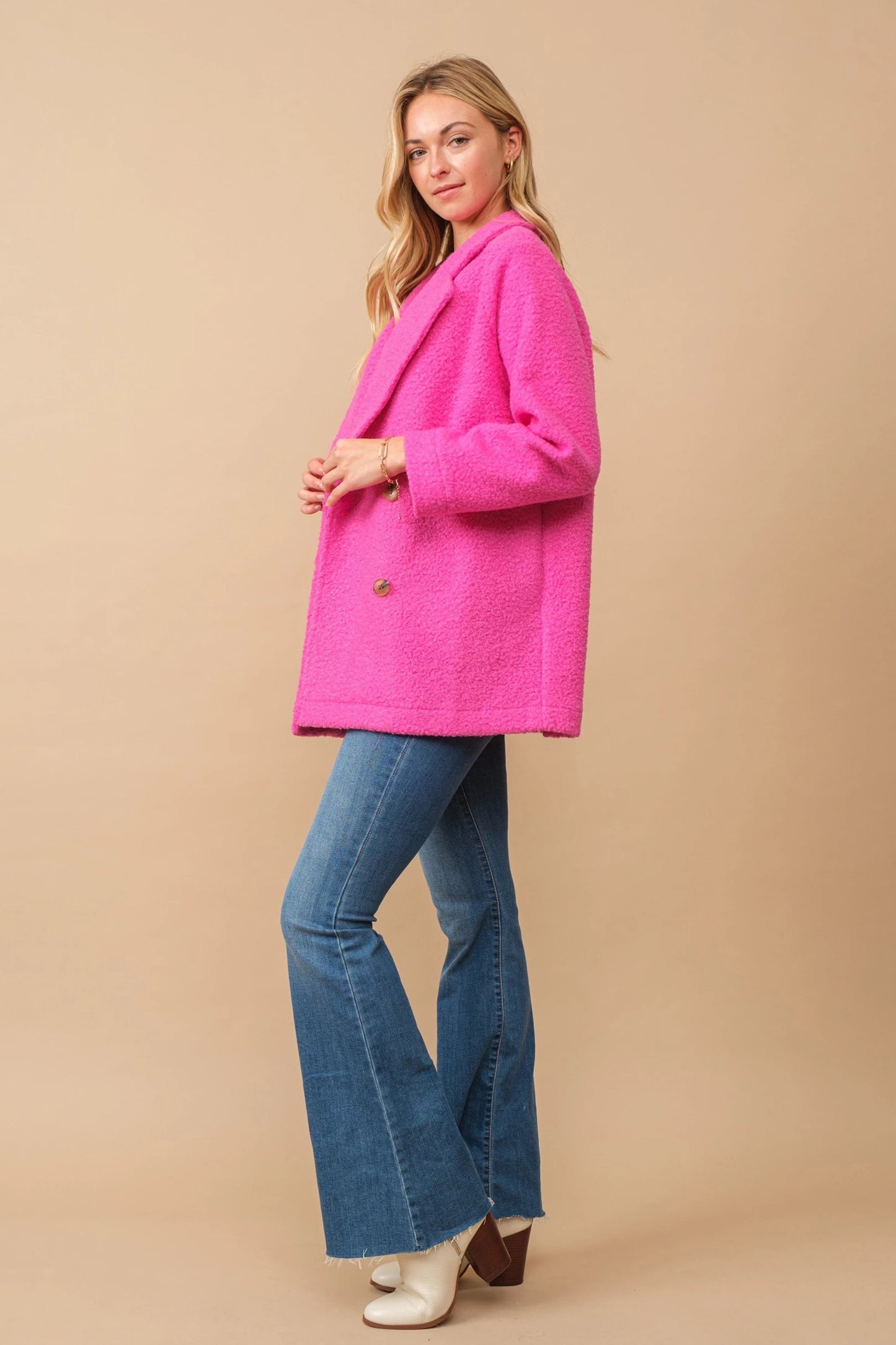 Pile Fleece Teddy Pea Coat in Hot Pink