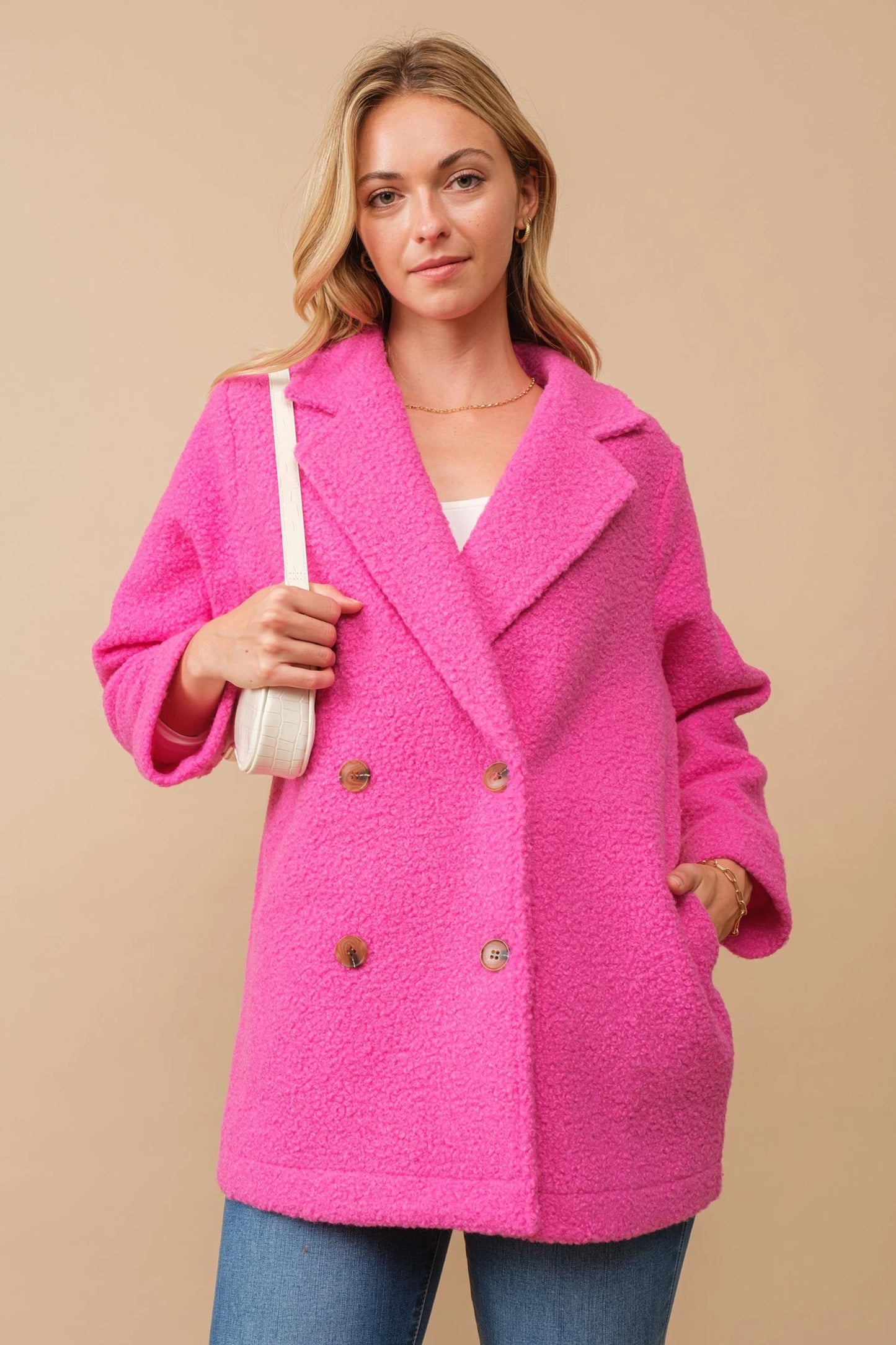 Pile Fleece Teddy Pea Coat in Hot Pink