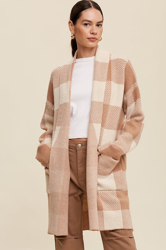 Gingham Knit Long Cardigan in Taupe