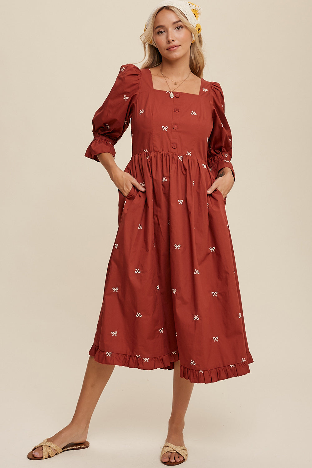 Embroidered Bow Maxi Dress in Brick