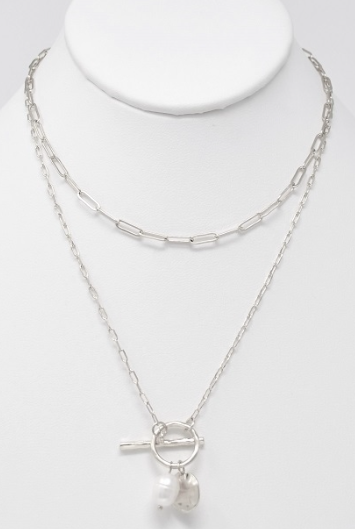 Silver Layered Chain with Toggle & Pearl