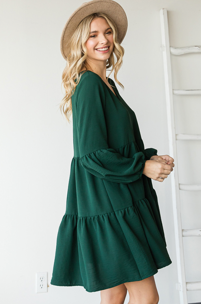 Tiered V-Neck Dress in Hunter Green