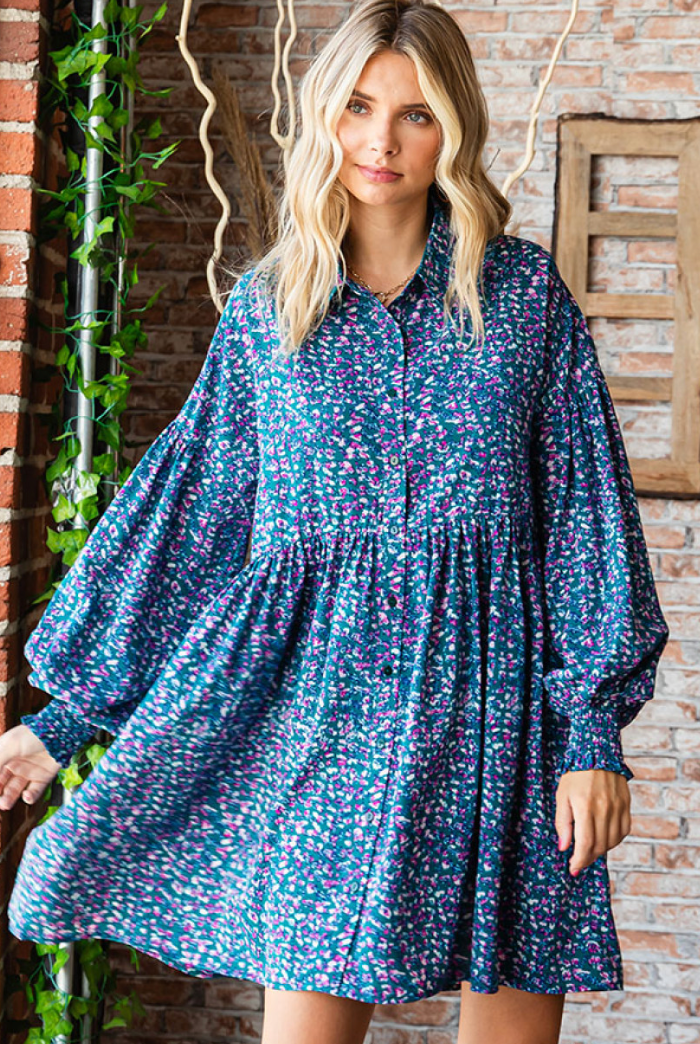 Abstract Print Babydoll Dress in Teal