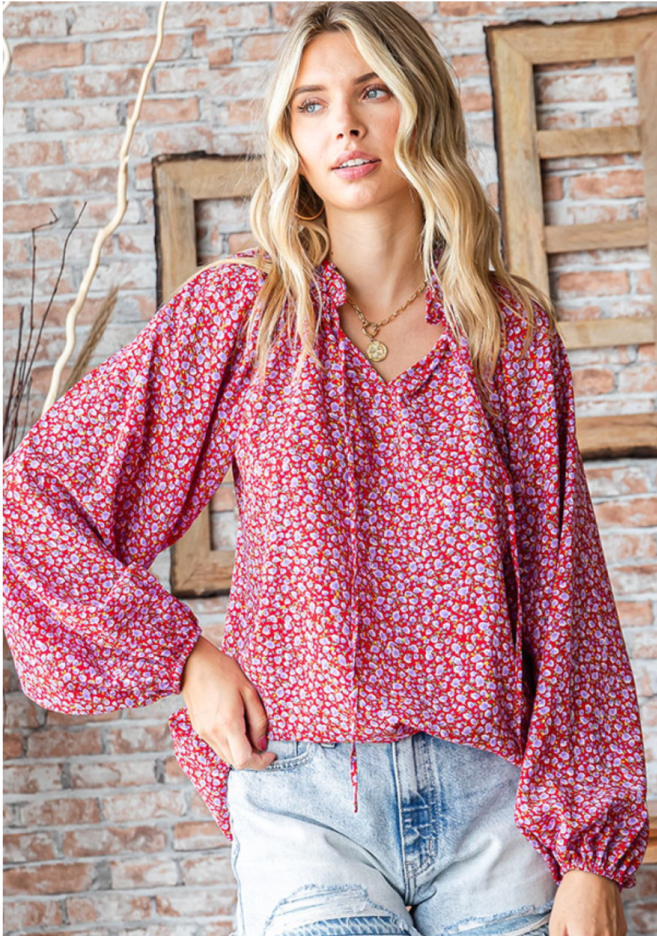Ditsy Floral Long Sleeve Blouse in Red