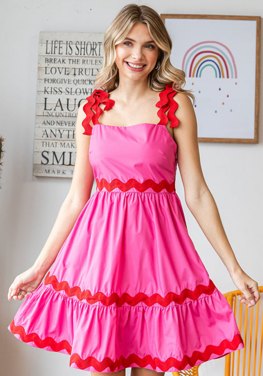 Ric Rac Tiered Dress in Pink