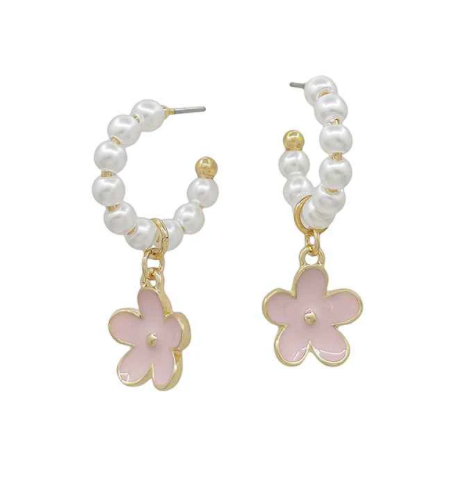 Pearl & Pink Flower Hoop Earring