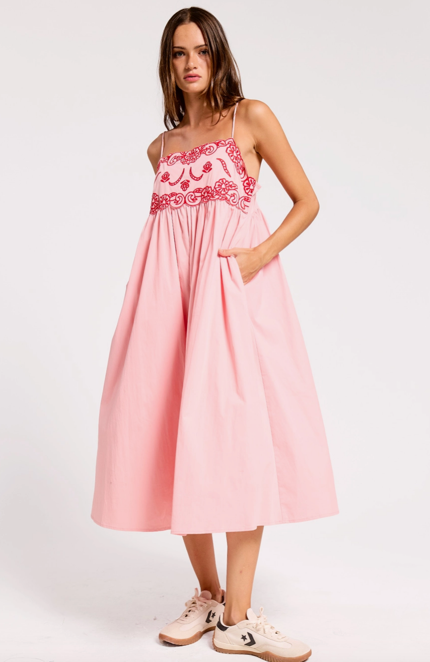 Camellia Embroidered Midi Dress in Pink