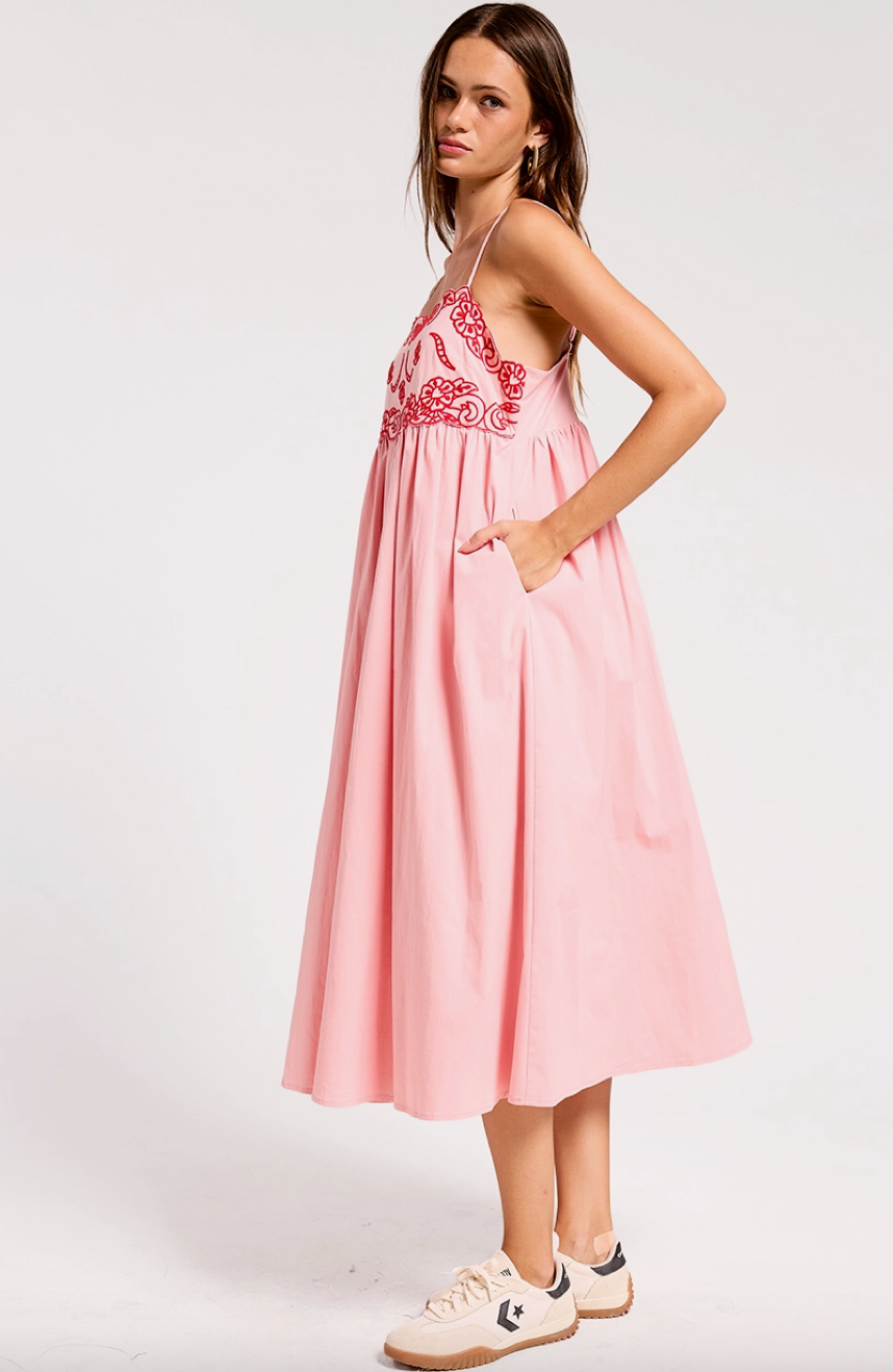 Camellia Embroidered Midi Dress in Pink